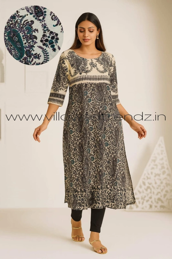 Twill Blue Kalamkari Cotton Kurtis| Side cut |3/4th sleeve |Black|CK23509 - M, Black
