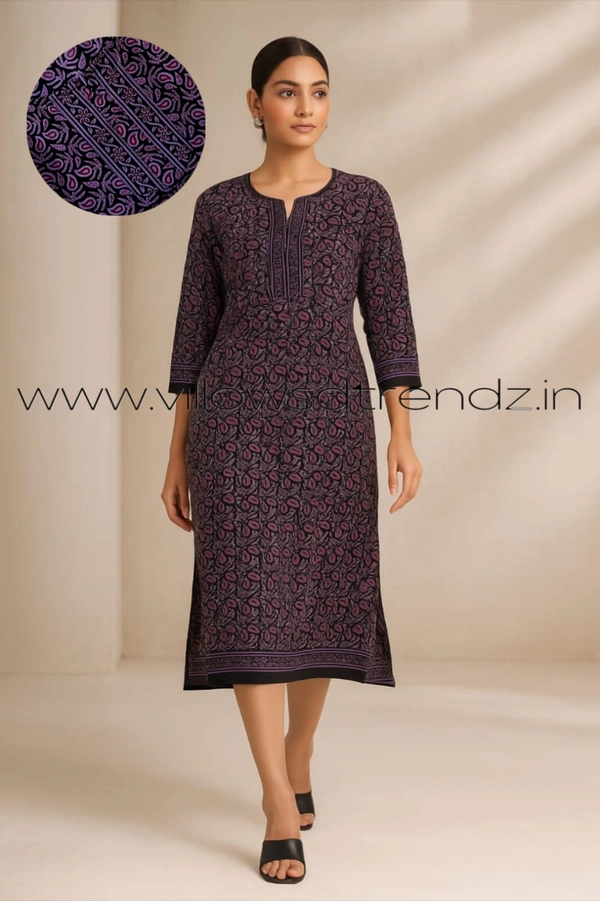 Twill Blue Kalamkari Cotton Kurtis| Side cut |3/4th sleeve |Black with Pink | CK22557 - L, Black with Pink