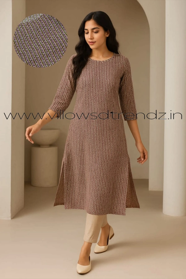 Twill Blue Kalamkari Cotton Kurtis| Side cut |3/4th sleeve |Brown | CK25006 - L, Brown
