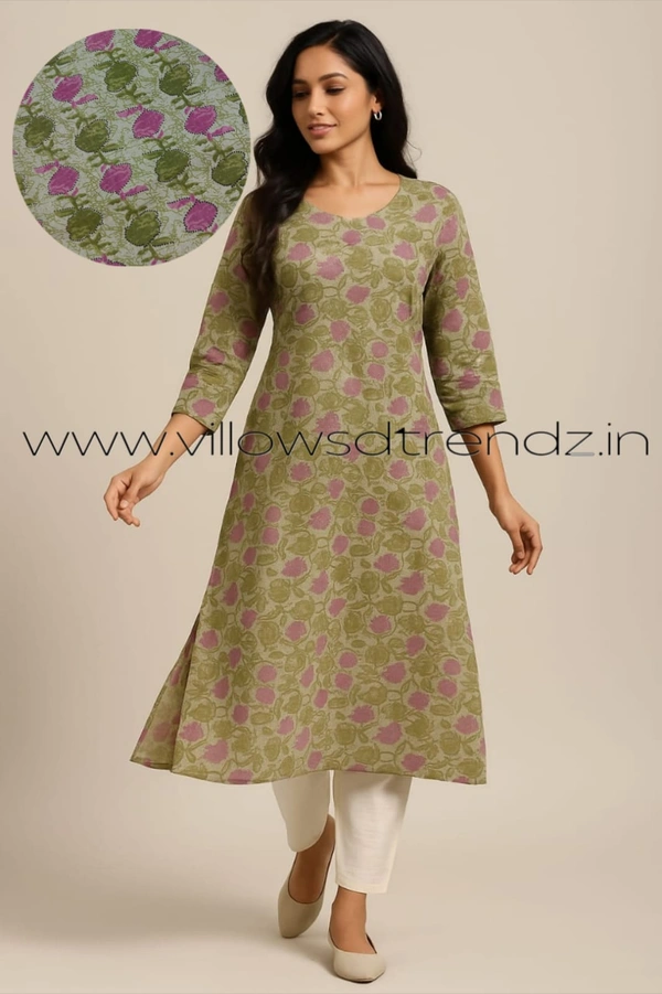 Twill Blue Kalamkari Cotton Kurtis| Side cut |3/4th sleeve |Green| CK25002 - 2XL, Green