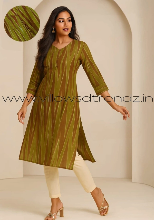 Twill Blue Kalamkari Cotton Kurtis| Side cut |3/4th sleeve |Green| CK22560 - L, Green