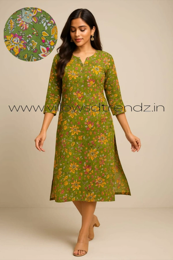 Twill Blue Kalamkari Cotton Kurtis| Side cut |3/4th sleeve| Green | CK23536 - M, Green