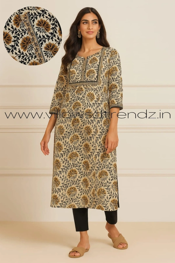 Twill Blue Kalamkari Cotton Kurtis| Side cut |3/4th sleeve |Half  Sandle | CK23508 - M, Half  Sandle
