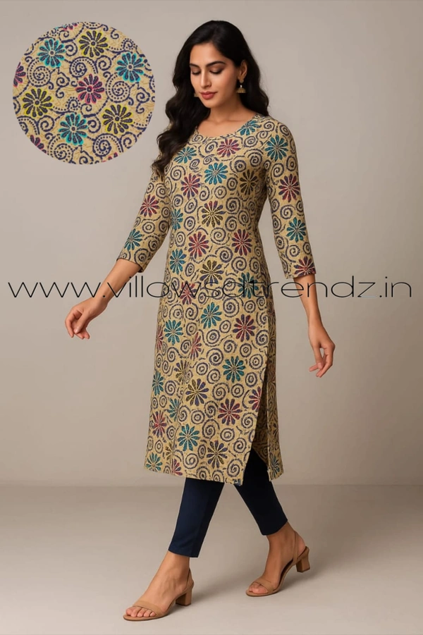 Twill Blue Kalamkari Cotton Kurtis| Side cut |3/4th sleeve |Half Yellow| CK25003 - XL, Half Yellow