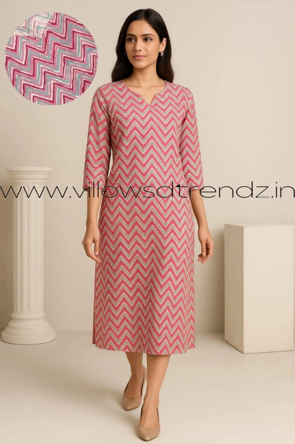 Twill Blue Kalamkari Cotton Kurtis| Side cut |3/4th sleeve| Pink | CK22555 - L, Pink