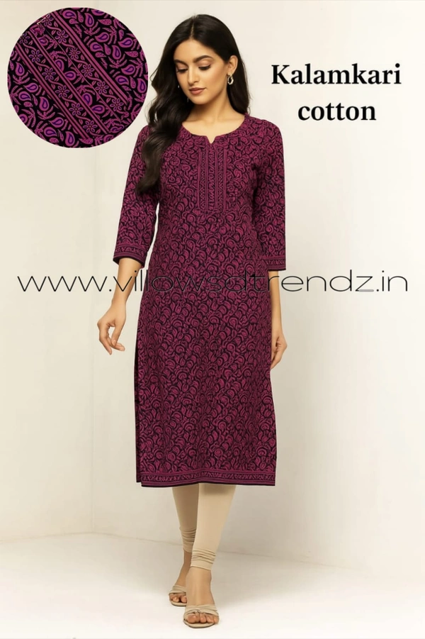 Twill Blue Kalamkari Cotton Kurtis| Side cut |3/4th sleeve |Pink | CK22556 - M, Pink