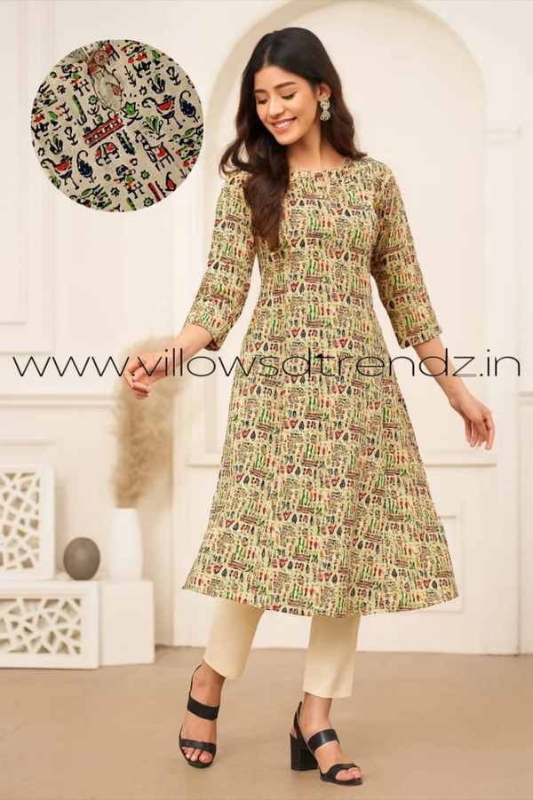 Twill Blue Kalamkari Cotton Kurtis| Side cut |3/4th sleeve| Sandle | CK22552 - L, Sandle