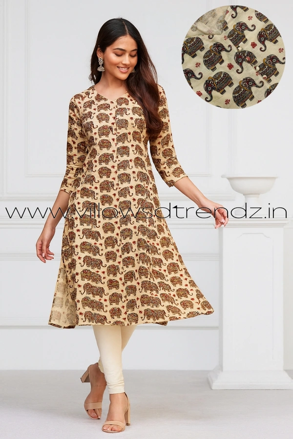 Twill Blue Kalamkari Cotton Kurtis| Side cut |3/4th sleeve| Sandle | CK23561 - L, Sandle