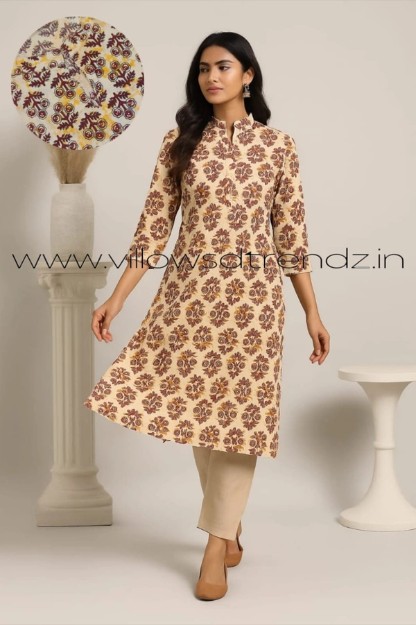 Twill Blue Kalamkari Cotton Kurtis| Side cut |3/4th sleeve |Sandle | CK23502 - L, Sandle