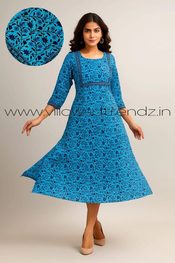 Twill Blue Kalamkari Cotton Kurtis| Side cut |3/4th sleeve |Sky blue | CK22571 - L, Sky blue