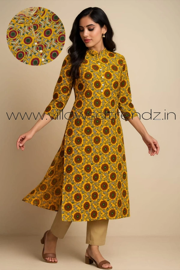 Twill Blue Kalamkari Cotton Kurtis| Side cut |3/4th sleeve |Yellow |CK23503 - L, Yellow