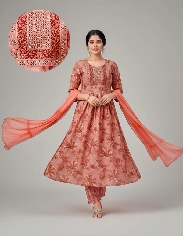 Ruthvi Ethnics Kurti Set With Designer Neck Pattern|Anarkali Kurti with Pant and Shawl|Peach  | SV50002 - 3XL, Peach