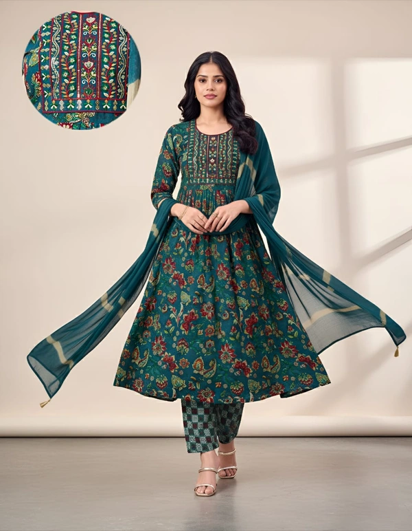 Ruthvi Ethnics Kurti Set With Designer Neck Pattern|Anarkali Kurti with Pant and Shawl|Green | SV50005 - L, Green