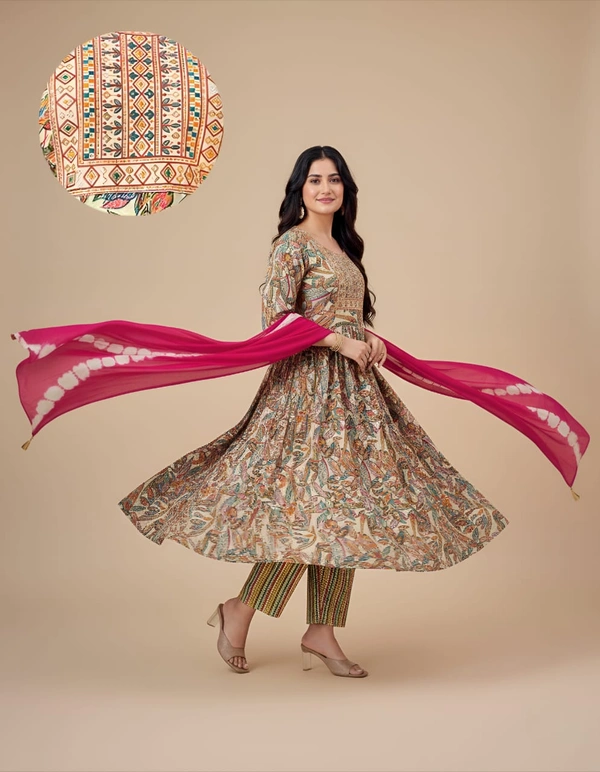 Ruthvi Ethnics Kurti Set With Designer Neck Pattern|Anarkali Kurti with Pant and Shawl|Light Brown  | SV50003 - L, Light Brown