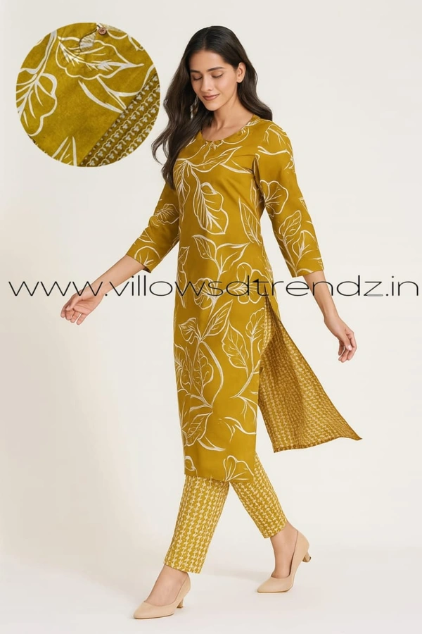 Twill Blue Kurti Set With Designer Neck Pattern|Kurti with Pant |Mustered Yellow |KS355058 - L, Mustered Yellow