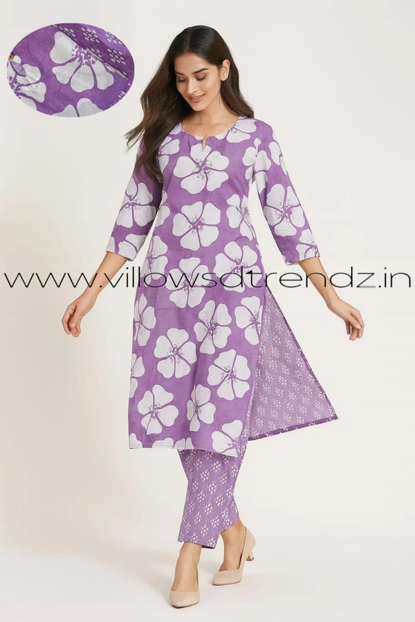 Twill Blue Kurti Set With Designer Neck Pattern|Kurti with Pant |Lavender |KS355055 - L, Lavender