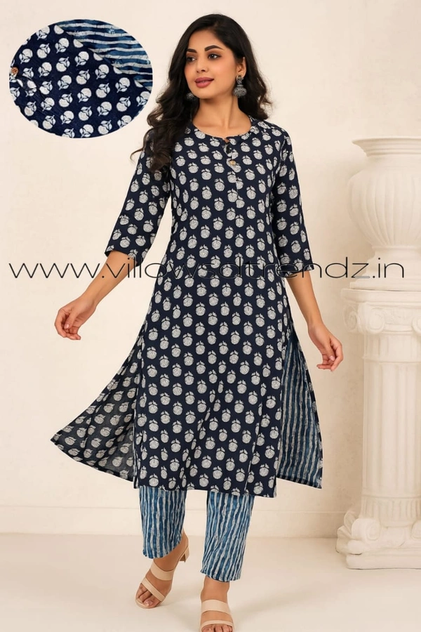 Twill Blue Kurti Set With Designer Neck Pattern|Kurti with Pant |Black |KS355056 - XL, Black