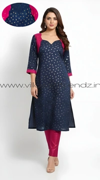 Ruthvi Ethnics Kurti Set With Designer Neck Pattern|Raw Silk Kurti with Pant and khadi Cotton Silk Shawl|Navy blue | RS580013 - M, Navy blue