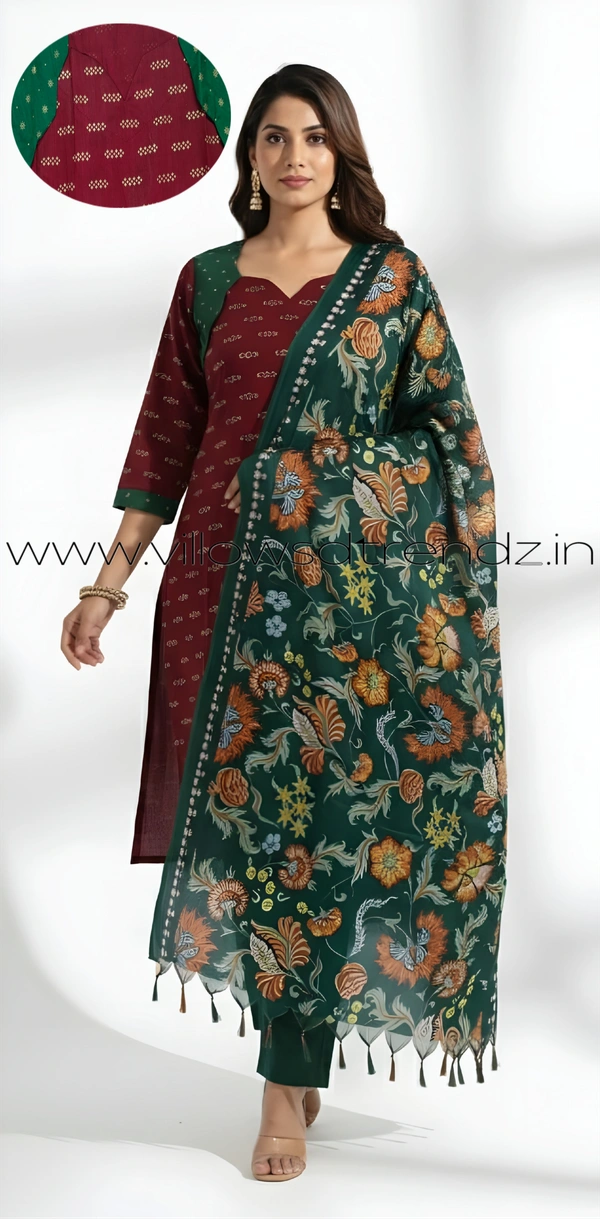 Ruthvi Ethnics Kurti Set With Designer Neck Pattern|Raw Silk Kurti with Pant and khadi Cotton Silk Shawl|Maroon | RS58003 - 2XL, Maroon