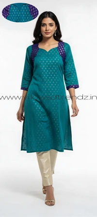 Ruthvi Ethnics Kurti Set With Designer Neck Pattern|Raw Silk Kurti with Pant and khadi Cotton Silk Shawl|Peacock Blue| RS58001 - XL, Peacock Blue