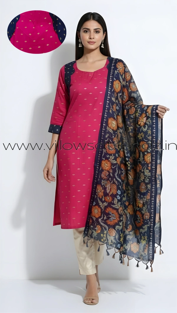 Ruthvi Ethnics Kurti Set With Designer Neck Pattern|Raw Silk Kurti with Pant and khadi Cotton Silk Shawl|Rani Pink| RS580012 - XL, Rani Pink