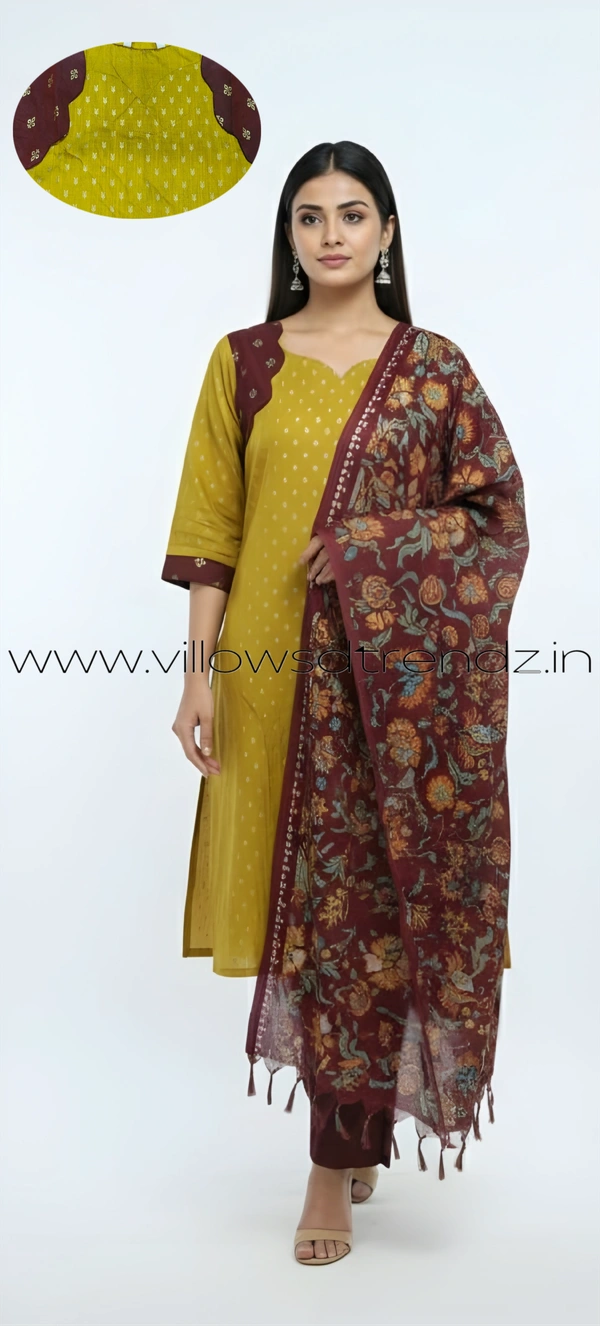 Ruthvi Ethnics Kurti Set With Designer Neck Pattern|Raw Silk Kurti with Pant and khadi Cotton Silk Shawl|Mustered Yellow | RS58005 - L, Mustered Yellow