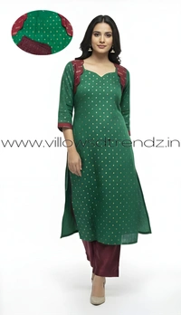 Ruthvi Ethnics Kurti Set With Designer Neck Pattern|Raw Silk Kurti with Pant and khadi Cotton Silk Shawl|Green | RS580011 - M, Green