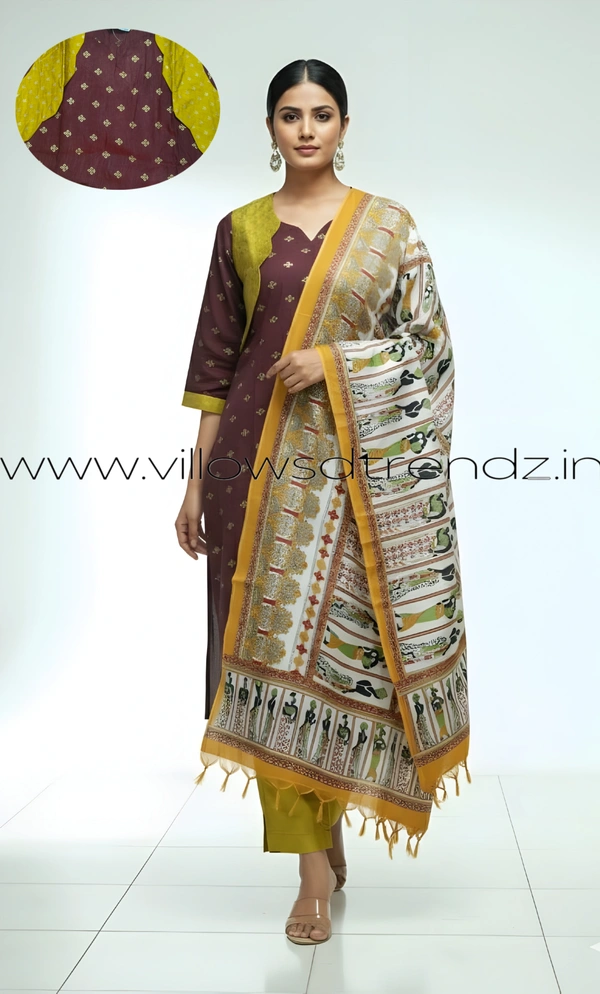 Ruthvi Ethnics Kurti Set With Designer Neck Pattern|Raw Silk Kurti with Pant and khadi Cotton Silk Shawl|Brown| RS58002 - M, Brown