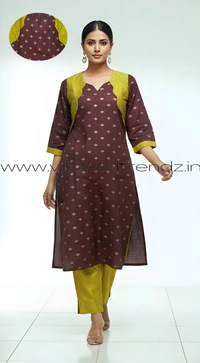 Ruthvi Ethnics Kurti Set With Designer Neck Pattern|Raw Silk Kurti with Pant and khadi Cotton Silk Shawl|Brown| RS58002 - M, Brown