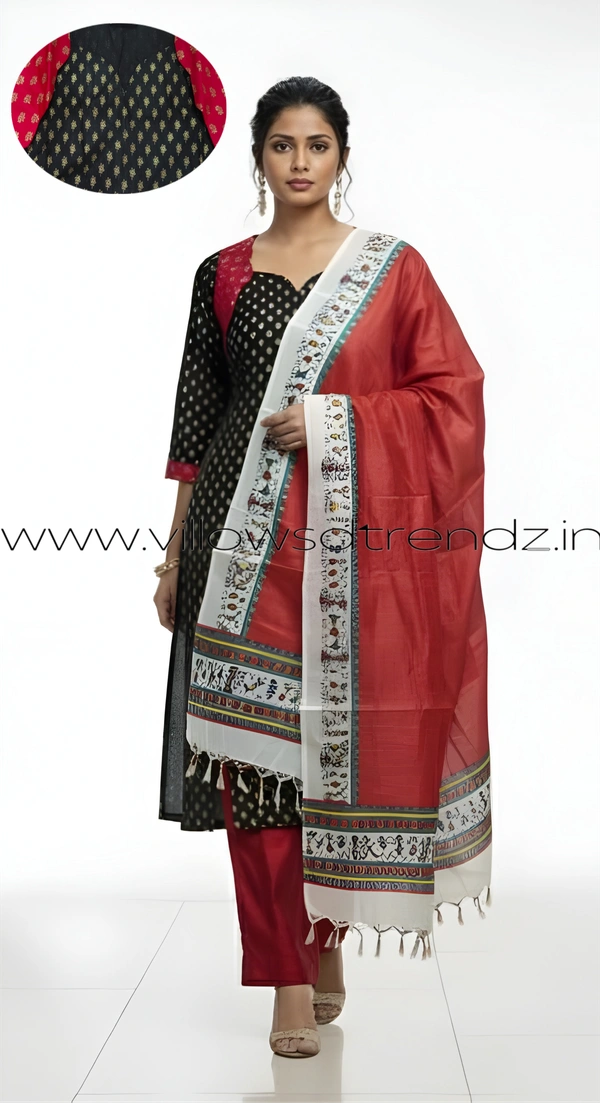 Ruthvi Ethnics Kurti Set With Designer Neck Pattern|Raw Silk Kurti with Pant and khadi Cotton Silk Shawl|Black | RS58004 - M, Black