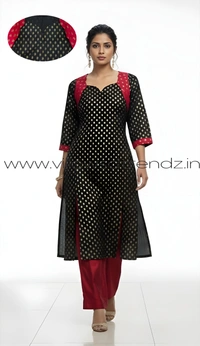 Ruthvi Ethnics Kurti Set With Designer Neck Pattern|Raw Silk Kurti with Pant and khadi Cotton Silk Shawl|Black | RS58004 - M, Black