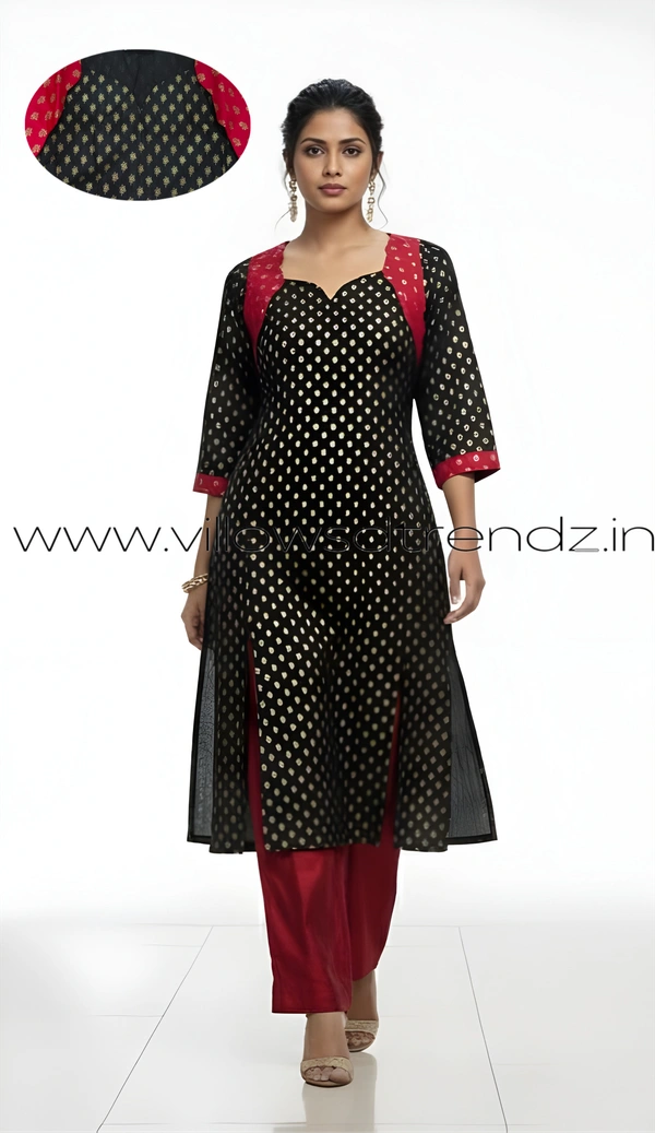 Ruthvi Ethnics Kurti Set With Designer Neck Pattern|Raw Silk Kurti with Pant and khadi Cotton Silk Shawl|Black | RS58004 - M, Black