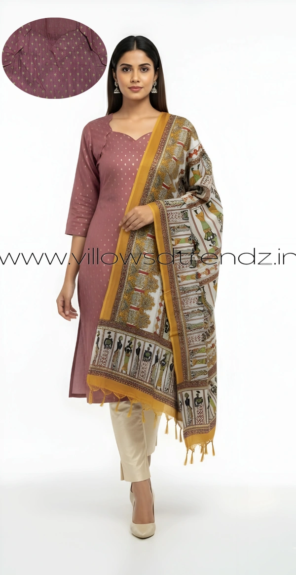 Ruthvi Ethnics Kurti Set With Designer Neck Pattern|Raw Silk Kurti with Pant and khadi Cotton Silk Shawl|Onion Pink | RS580010 - L, Onion Pink