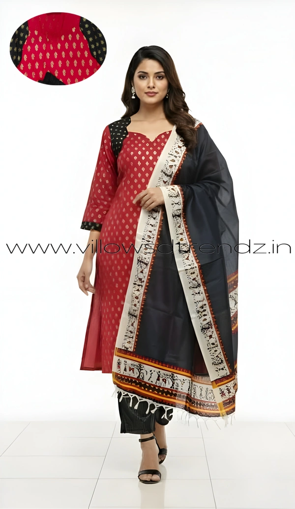 Ruthvi Ethnics Kurti Set With Designer Neck Pattern|Raw Silk Kurti with Pant and khadi Cotton Silk Shawl|Red | RS58006 - 2xl, Red