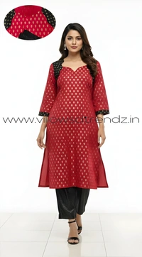 Ruthvi Ethnics Kurti Set With Designer Neck Pattern|Raw Silk Kurti with Pant and khadi Cotton Silk Shawl|Red | RS58006 - 2xl, Red