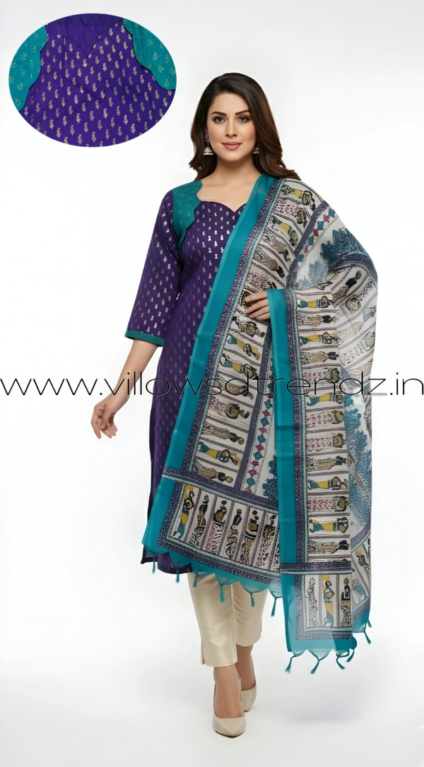 Ruthvi Ethnics Kurti Set With Designer Neck Pattern|Raw Silk Kurti with Pant and khadi Cotton Silk Shawl|Violet | RS58008 - M, Violet