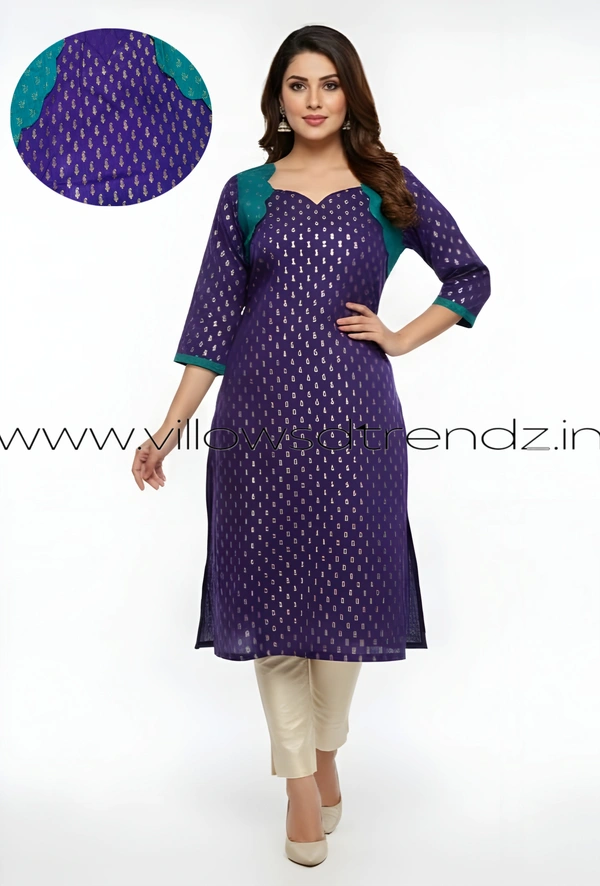 Ruthvi Ethnics Kurti Set With Designer Neck Pattern|Raw Silk Kurti with Pant and khadi Cotton Silk Shawl|Violet | RS58008 - M, Violet