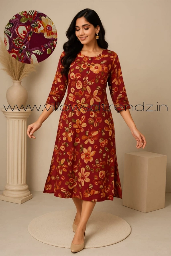 Twill Blue Kurti with Side Slit ON23008 - Maroon, S