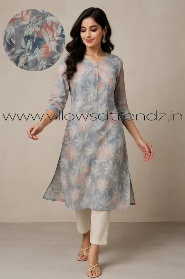 Twill Blue Kurti with Side Slit ON23009 - Ash, M