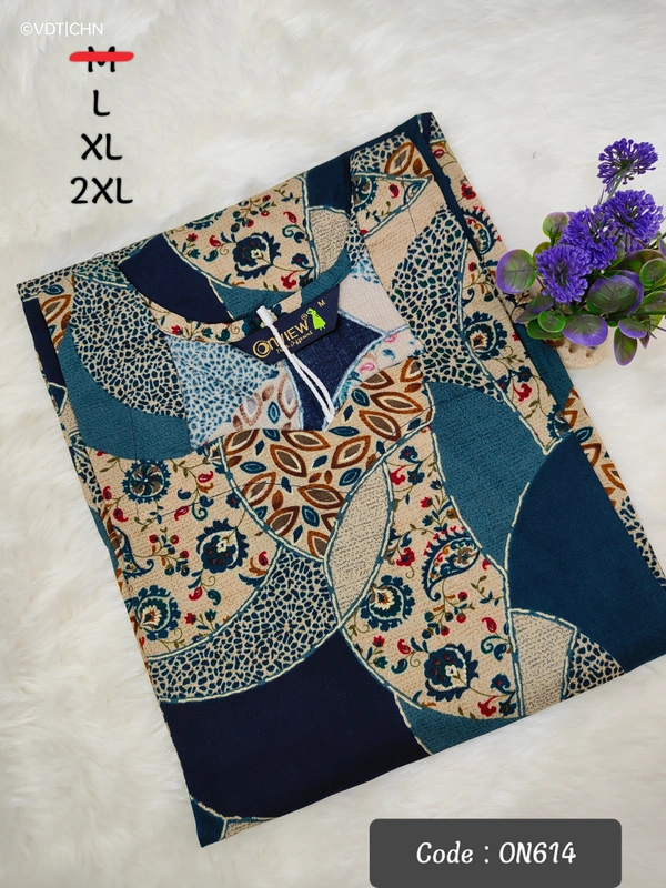 Twill Blue Kurti with Side Slit ON614 - L, Multi Colour