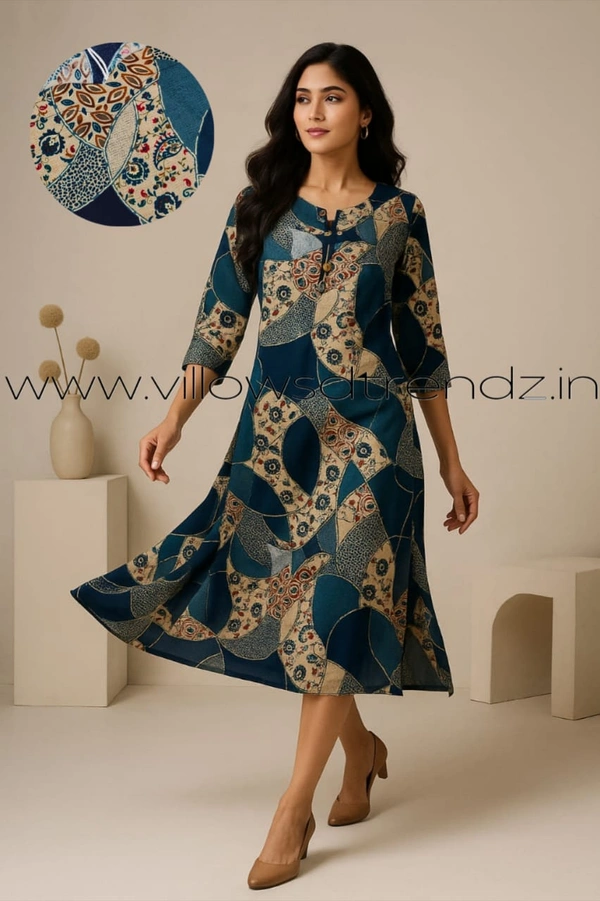 Twill Blue Kurti with Side Slit ON614 - Multi Colour, L