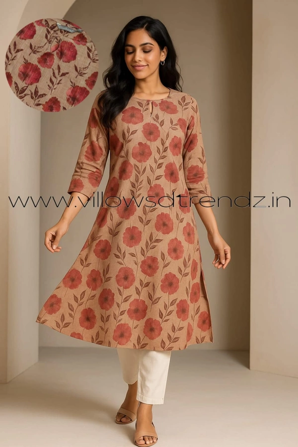 Hanshita Linen Zari Kurti HLZ1257 - Brown, S