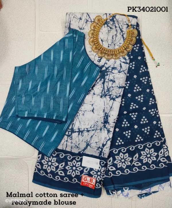 Ruthvi Ethincs Malmal Cotton Saree With Blouse PK34021001 - Saree With Blouse, Blue