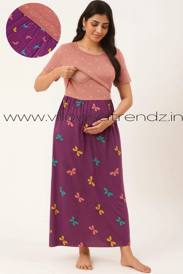 Smurf Finds Maternity Feeding Lounge Wear | Pullup Gown| Zipless| Full Length| 52 inches height| Purple | MGF310086 - L, Purple