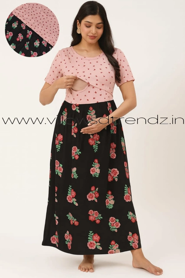Smurf Finds Maternity Feeding Lounge Wear | Pullup Gown| Zipless| Full Length| 52 inches height| Black | MGF310090 - 2XL, Black