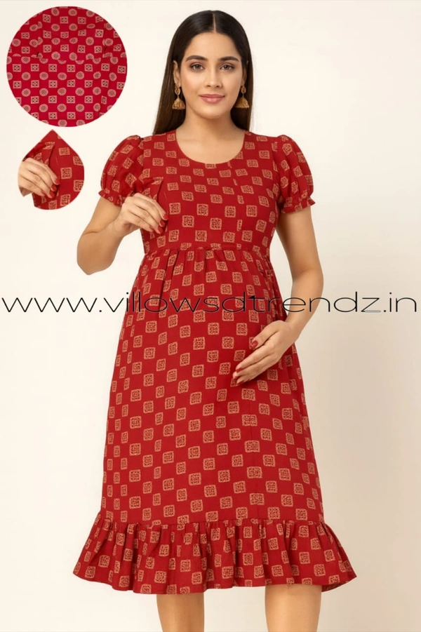 Ruthvi Ethnics Maternity Maxi|Feeding Maxi| Frock Nighty| Night Gown| Nighty| Invisible Zip on Both Sides| Back side adjustable Knot| Red| FFN23063 - Bust: 39|Ht: 44.5 (L), Red