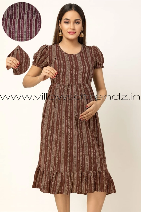 Ruthvi Ethnics Maternity Maxi|Feeding Maxi| Frock Nighty| Night Gown| Nighty| Invisible Zip on Both Sides| Back side adjustable Knot| Brown| FFN23064 - Bust: 38|Ht: 43.5(M), Brown