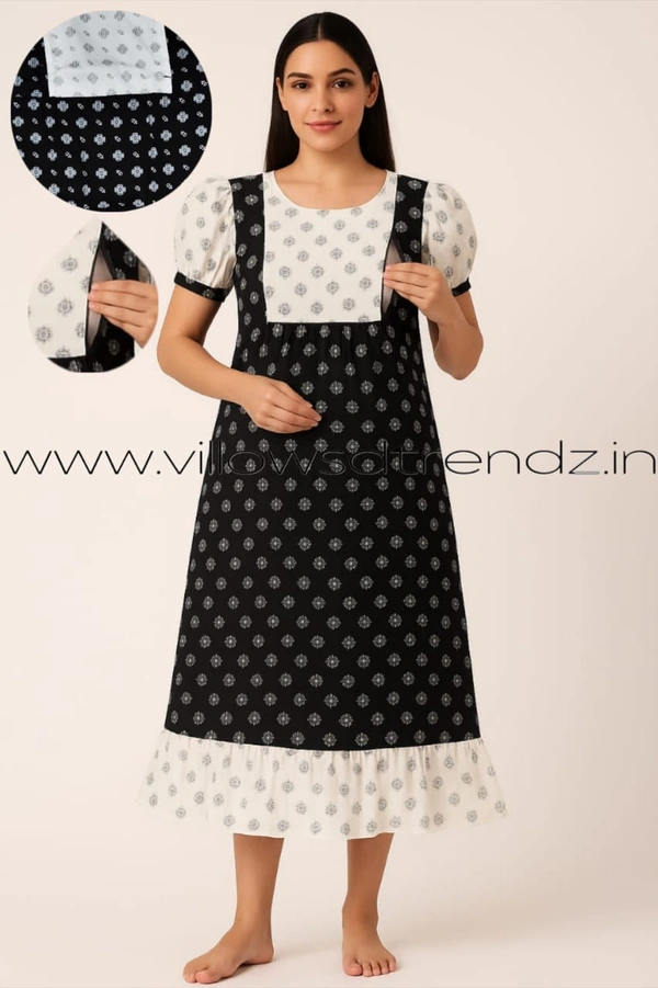 Ruthvi Ethnics Maternity Maxi|Feeding Maxi| Frock Nighty| Night Gown| Nighty| Invisible Zip on Both Sides| Back side adjustable Knot| White with Black| FFN23060 - Bust: 45|Ht: 46 (3XL), Black