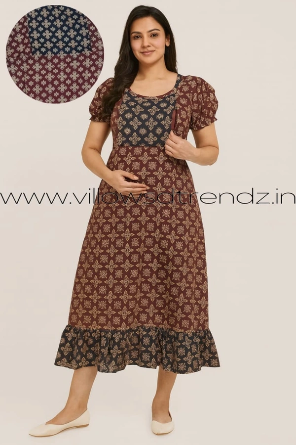 Ruthvi Ethnics Maternity Maxi|Feeding Maxi| Frock Nighty| Night Gown| Nighty| Invisible Zip on Both Sides| Back side adjustable Knot| Maroon | FF260002 - Bust: 37|Ht: 49(M), Maroon