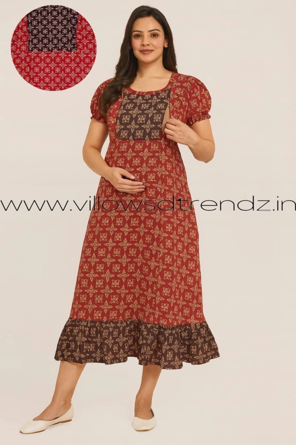 Ruthvi Ethnics Maternity Maxi|Feeding Maxi| Frock Nighty| Night Gown| Nighty| Invisible Zip on Both Sides| Back side adjustable Knot| Red| FF260001 - Bust: 42|Ht: 45.5 (XL), Red